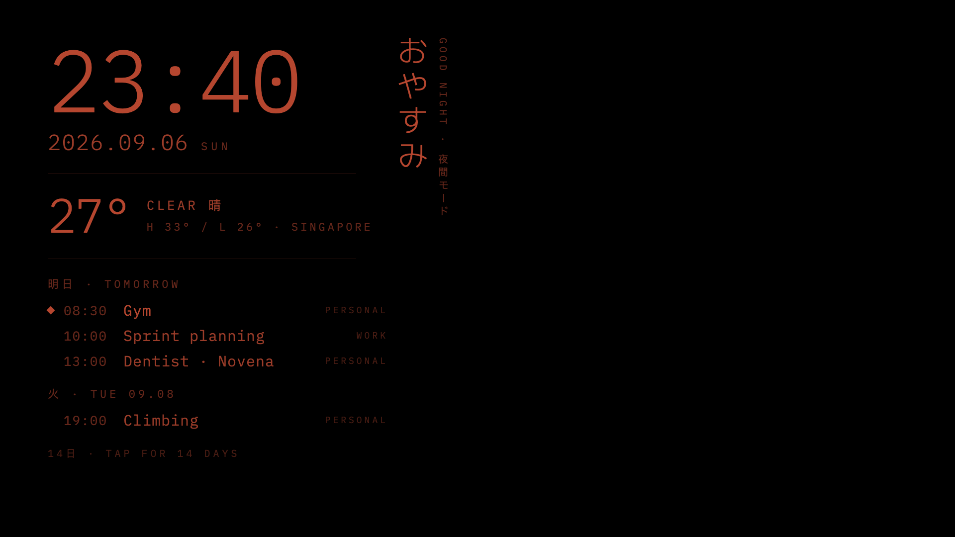 The same mock-up in the night palette, every element in a deep red on black